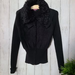 Black Faux Fur and Suede Sweater Jacket